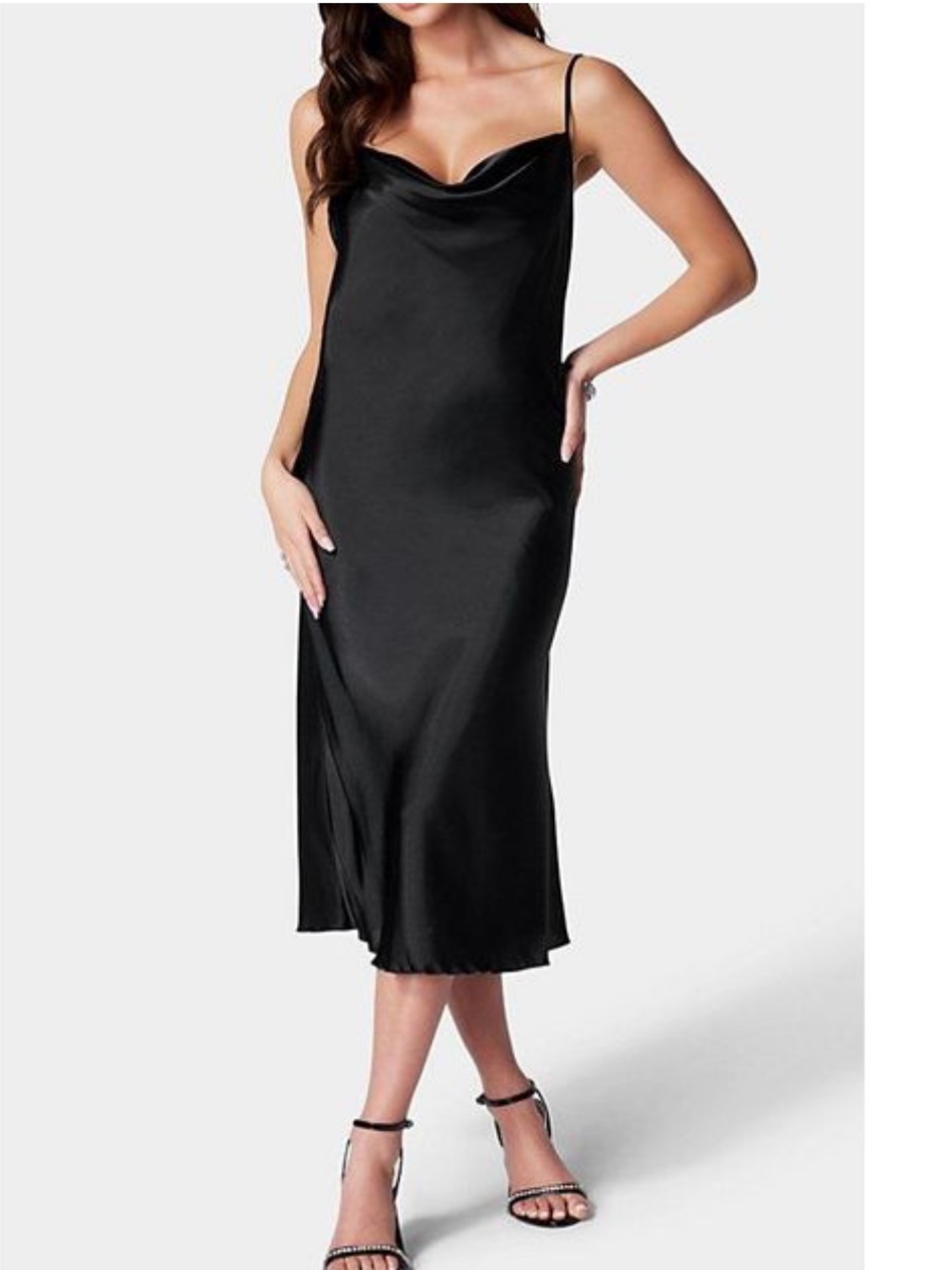 BEBE Black Satin Slip Midi Dress Cowl Neck Sz XL Event Party Date Wedding Guest
